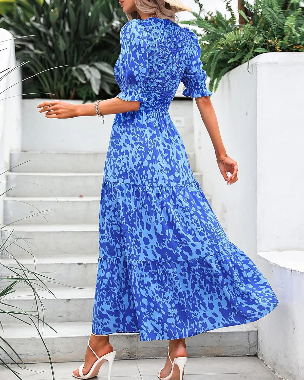 BTFBM Women Casual Summer Dresses 2025 Spring Crew Neck Ruffle Short Sleeve Floral Print Smocked Boho Flowy Maxi Dress