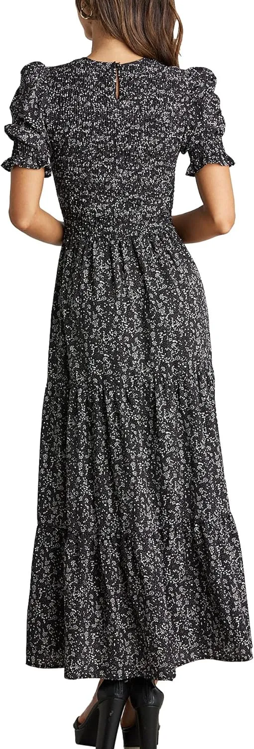 BTFBM Women Casual Summer Dresses 2025 Spring Crew Neck Ruffle Short Sleeve Floral Print Smocked Boho Flowy Maxi Dress
