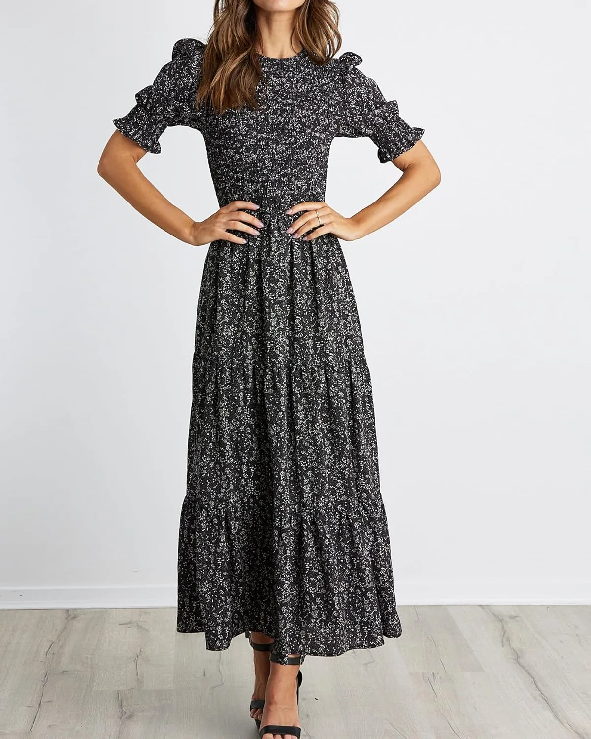 BTFBM Women Casual Summer Dresses 2025 Spring Crew Neck Ruffle Short Sleeve Floral Print Smocked Boho Flowy Maxi Dress