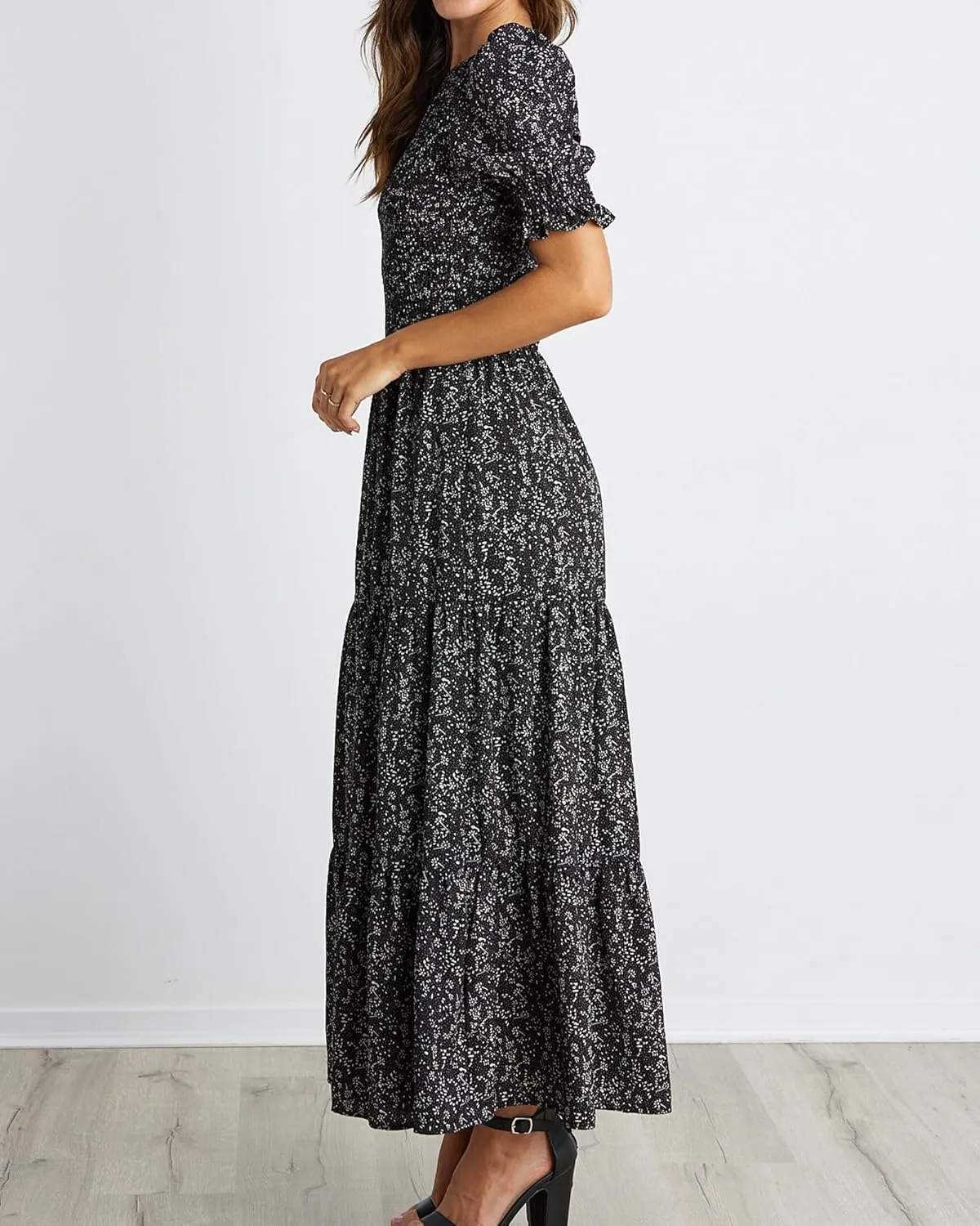 BTFBM Women Casual Summer Dresses 2025 Spring Crew Neck Ruffle Short Sleeve Floral Print Smocked Boho Flowy Maxi Dress