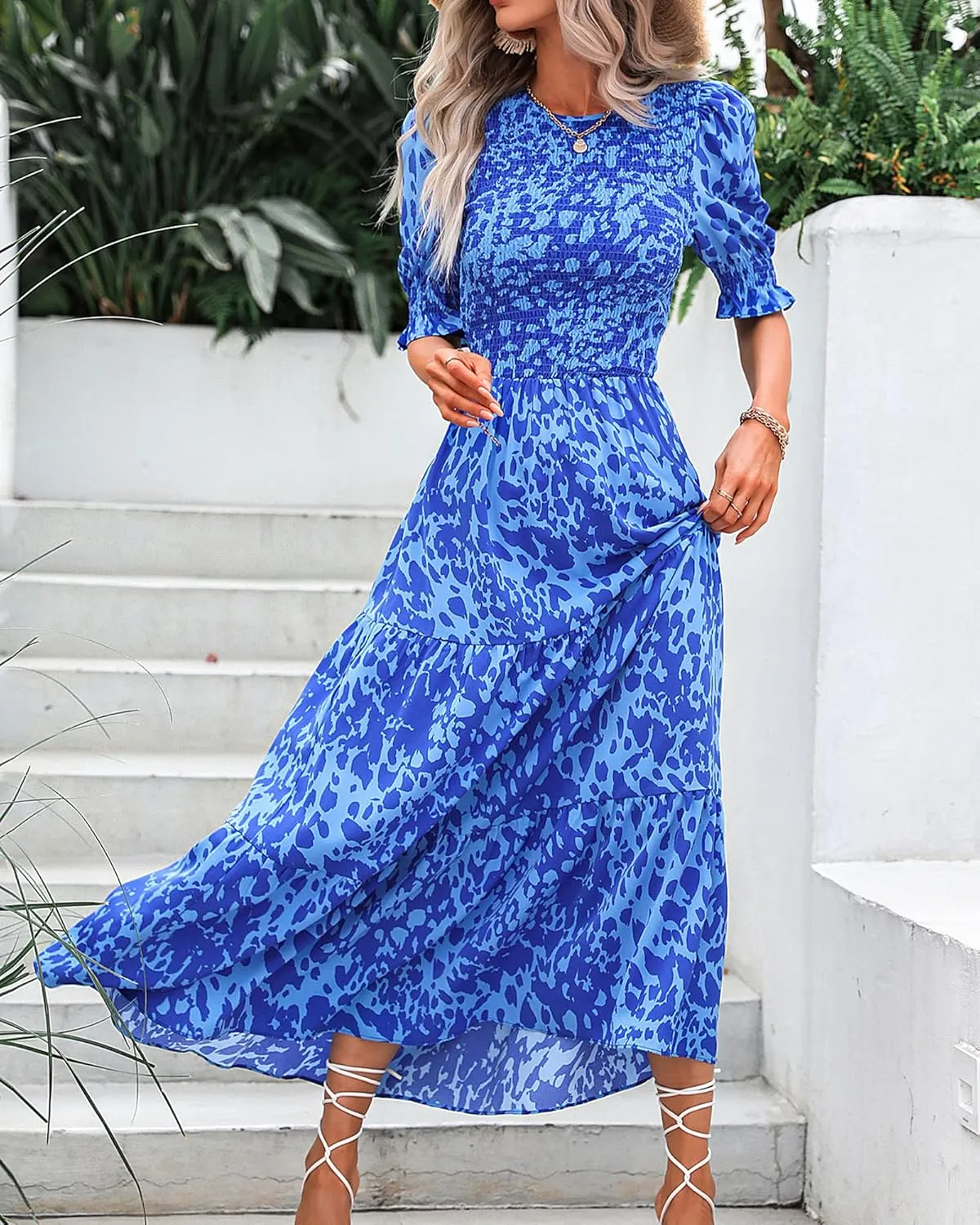 BTFBM Women Casual Summer Dresses 2025 Spring Crew Neck Ruffle Short Sleeve Floral Print Smocked Boho Flowy Maxi Dress
