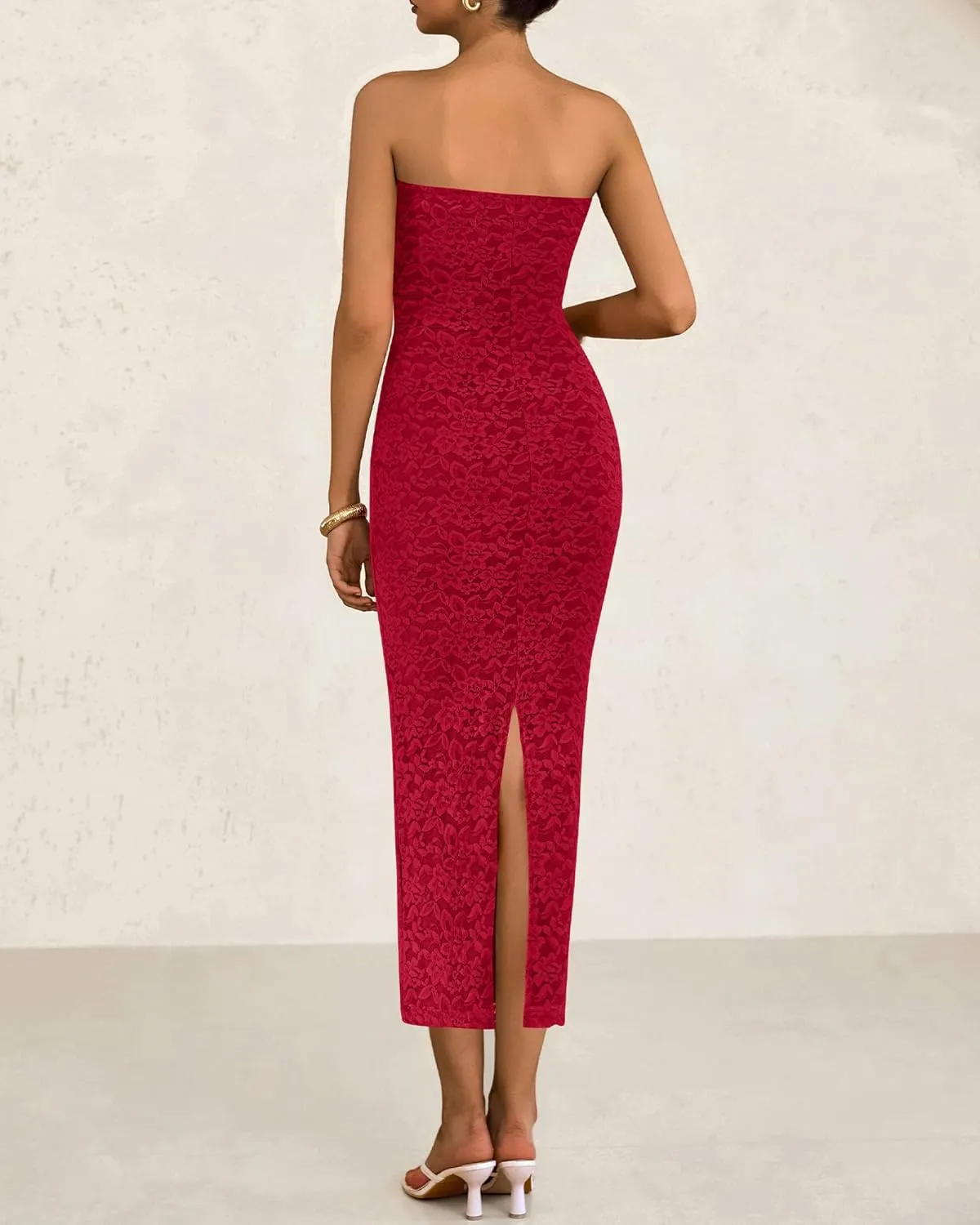 BTFBM Women Strapless Lace Formal Maxi Dress Summer Bodycon Tube Back Slit Cocktail Vacation Beach Wedding Guest Dresses