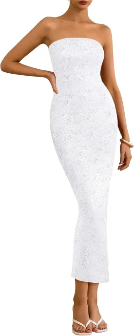 BTFBM Women Strapless Lace Formal Maxi Dress Summer Bodycon Tube Back Slit Cocktail Vacation Beach Wedding Guest Dresses