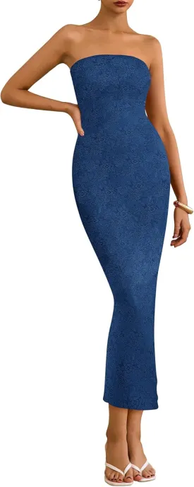 BTFBM Women Strapless Lace Formal Maxi Dress Summer Bodycon Tube Back Slit Cocktail Vacation Beach Wedding Guest Dresses