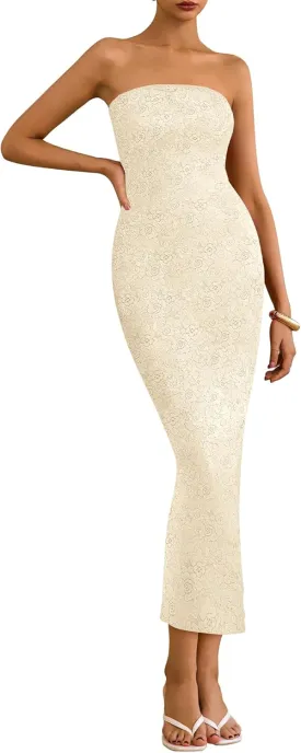 BTFBM Women Strapless Lace Formal Maxi Dress Summer Bodycon Tube Back Slit Cocktail Vacation Beach Wedding Guest Dresses