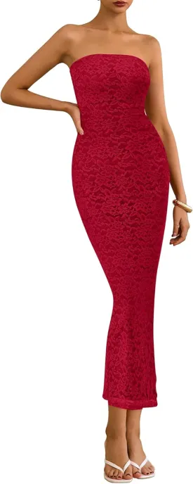 BTFBM Women Strapless Lace Formal Maxi Dress Summer Bodycon Tube Back Slit Cocktail Vacation Beach Wedding Guest Dresses