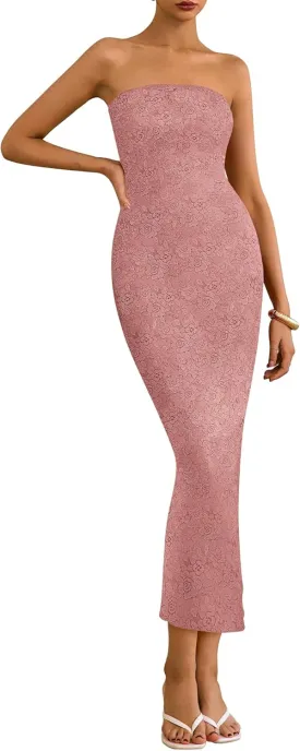 BTFBM Women Strapless Lace Formal Maxi Dress Summer Bodycon Tube Back Slit Cocktail Vacation Beach Wedding Guest Dresses