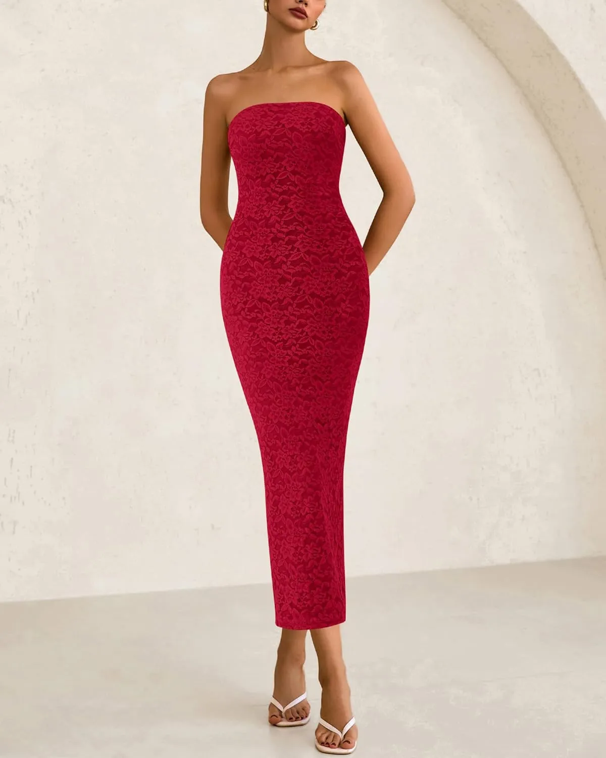 BTFBM Women Strapless Lace Formal Maxi Dress Summer Bodycon Tube Back Slit Cocktail Vacation Beach Wedding Guest Dresses