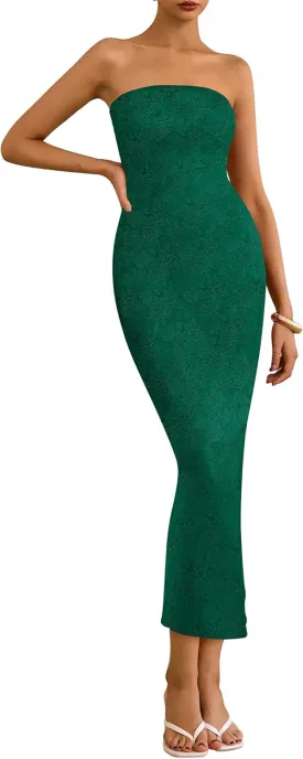 BTFBM Women Strapless Lace Formal Maxi Dress Summer Bodycon Tube Back Slit Cocktail Vacation Beach Wedding Guest Dresses