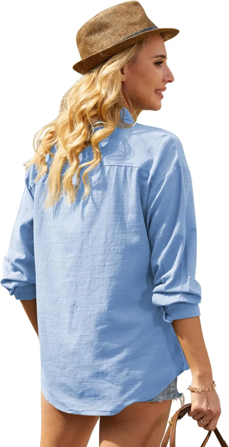 Button Down Shirts for Women Long Sleeve Dress Blouse Casual Solid Office Work Tops