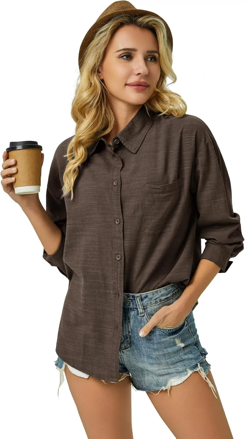 Button Down Shirts for Women Long Sleeve Dress Blouse Casual Solid Office Work Tops