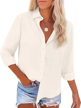 Button Down Shirts for Women Long Sleeve Dress Blouse Casual Solid Office Work Tops