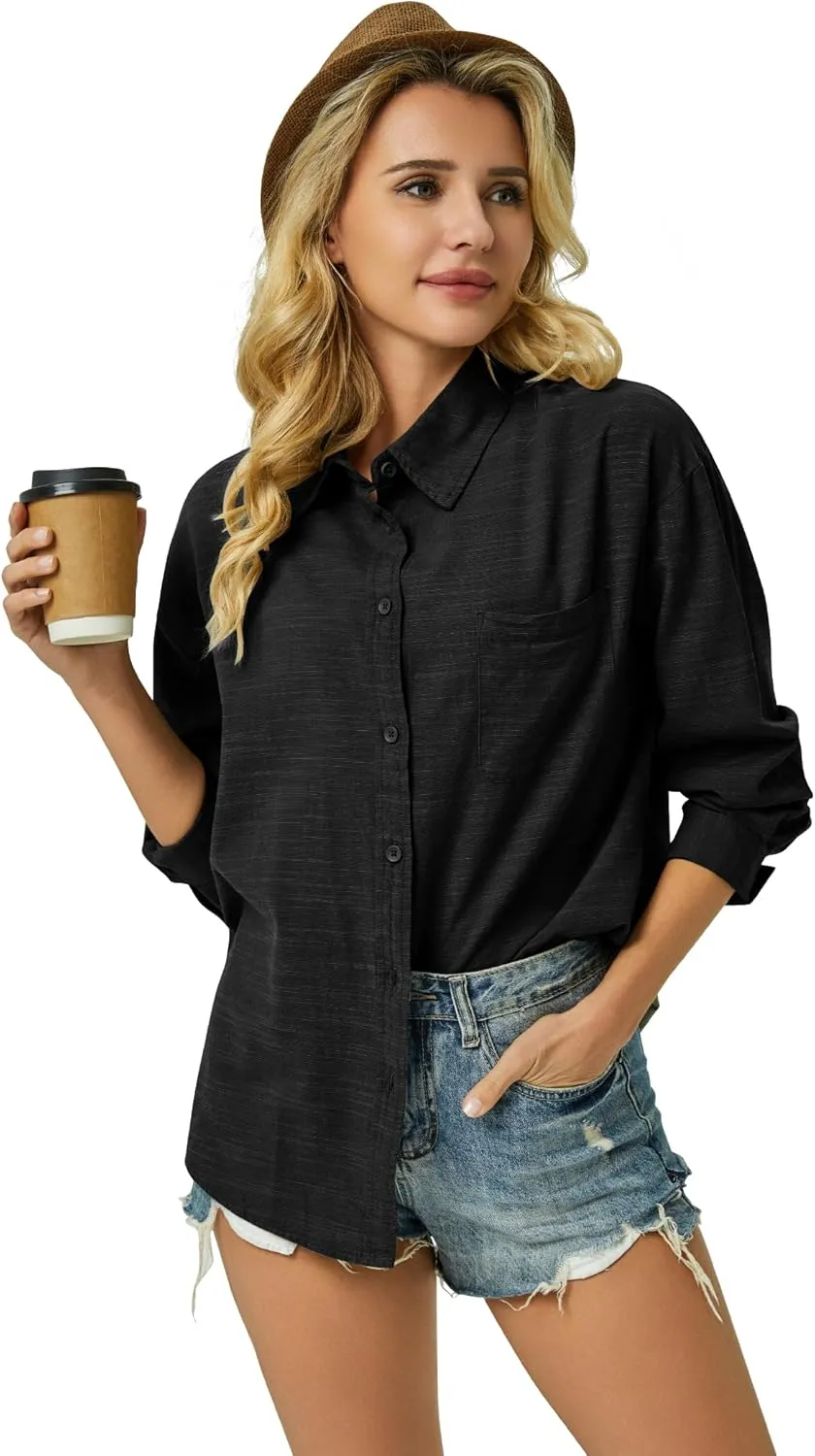 Button Down Shirts for Women Long Sleeve Dress Blouse Casual Solid Office Work Tops