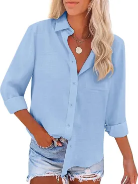 Button Down Shirts for Women Long Sleeve Dress Blouse Casual Solid Office Work Tops