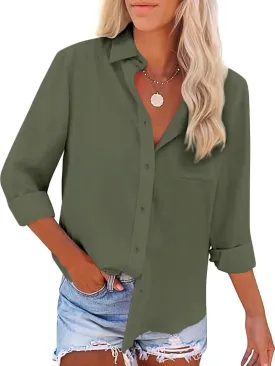 Button Down Shirts for Women Long Sleeve Dress Blouse Casual Solid Office Work Tops