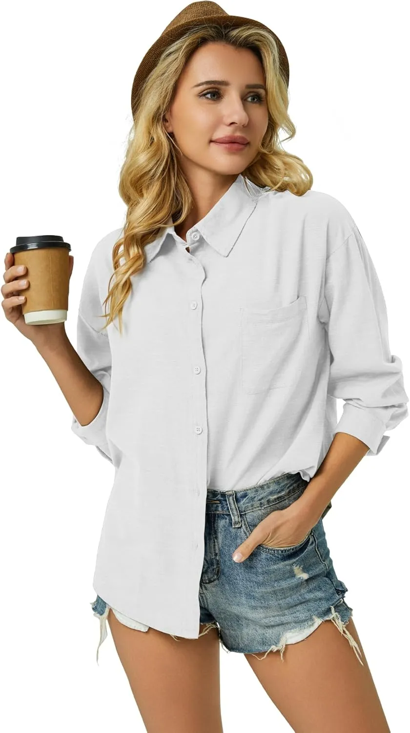 Button Down Shirts for Women Long Sleeve Dress Blouse Casual Solid Office Work Tops