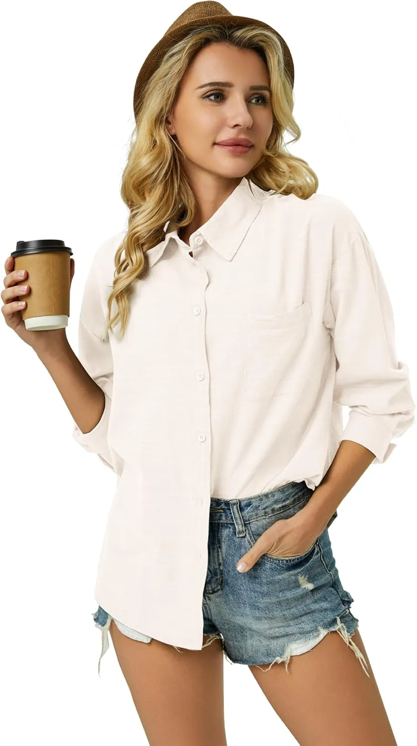Button Down Shirts for Women Long Sleeve Dress Blouse Casual Solid Office Work Tops