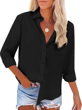 Button Down Shirts for Women Long Sleeve Dress Blouse Casual Solid Office Work Tops