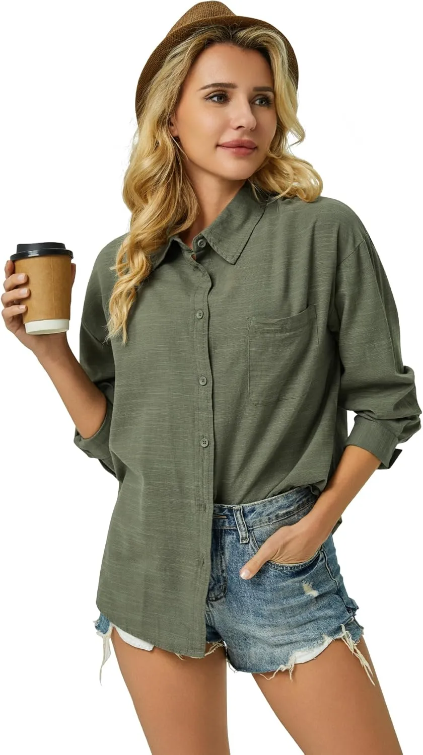 Button Down Shirts for Women Long Sleeve Dress Blouse Casual Solid Office Work Tops