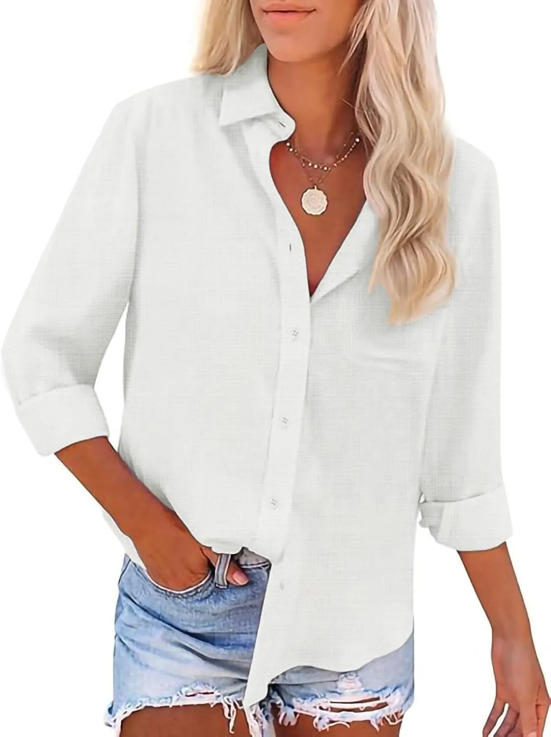 Button Down Shirts for Women Long Sleeve Dress Blouse Casual Solid Office Work Tops