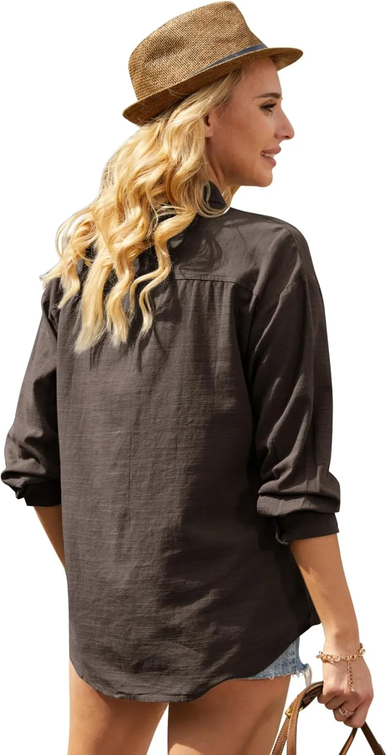 Button Down Shirts for Women Long Sleeve Dress Blouse Casual Solid Office Work Tops