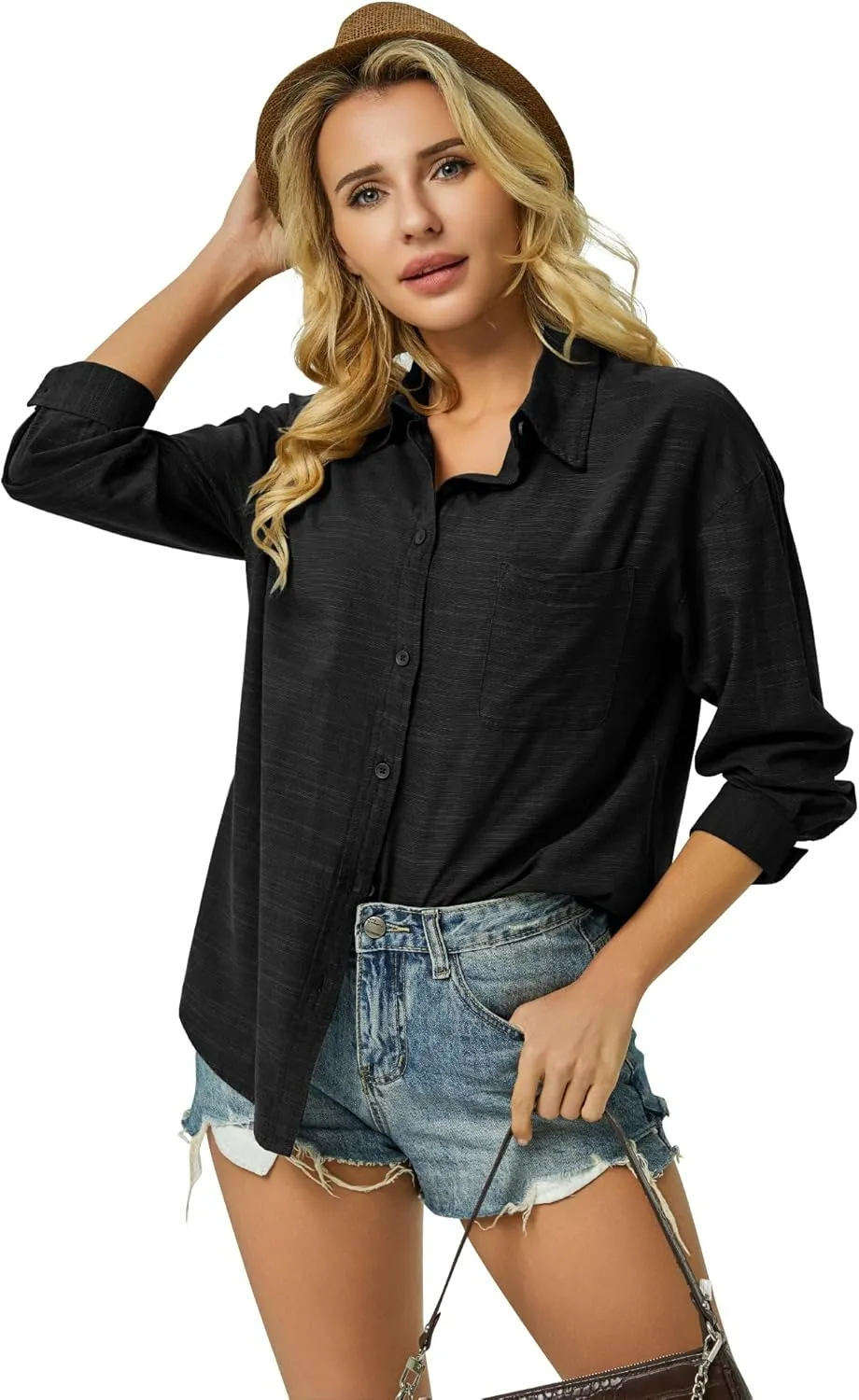 Button Down Shirts for Women Long Sleeve Dress Blouse Casual Solid Office Work Tops