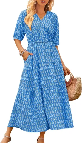CCTOO Womens Floral Maxi Dress: Casual Short Sleeve V Neck Button Elastic Waist Slit A Line Tiered Dresses with Pockets