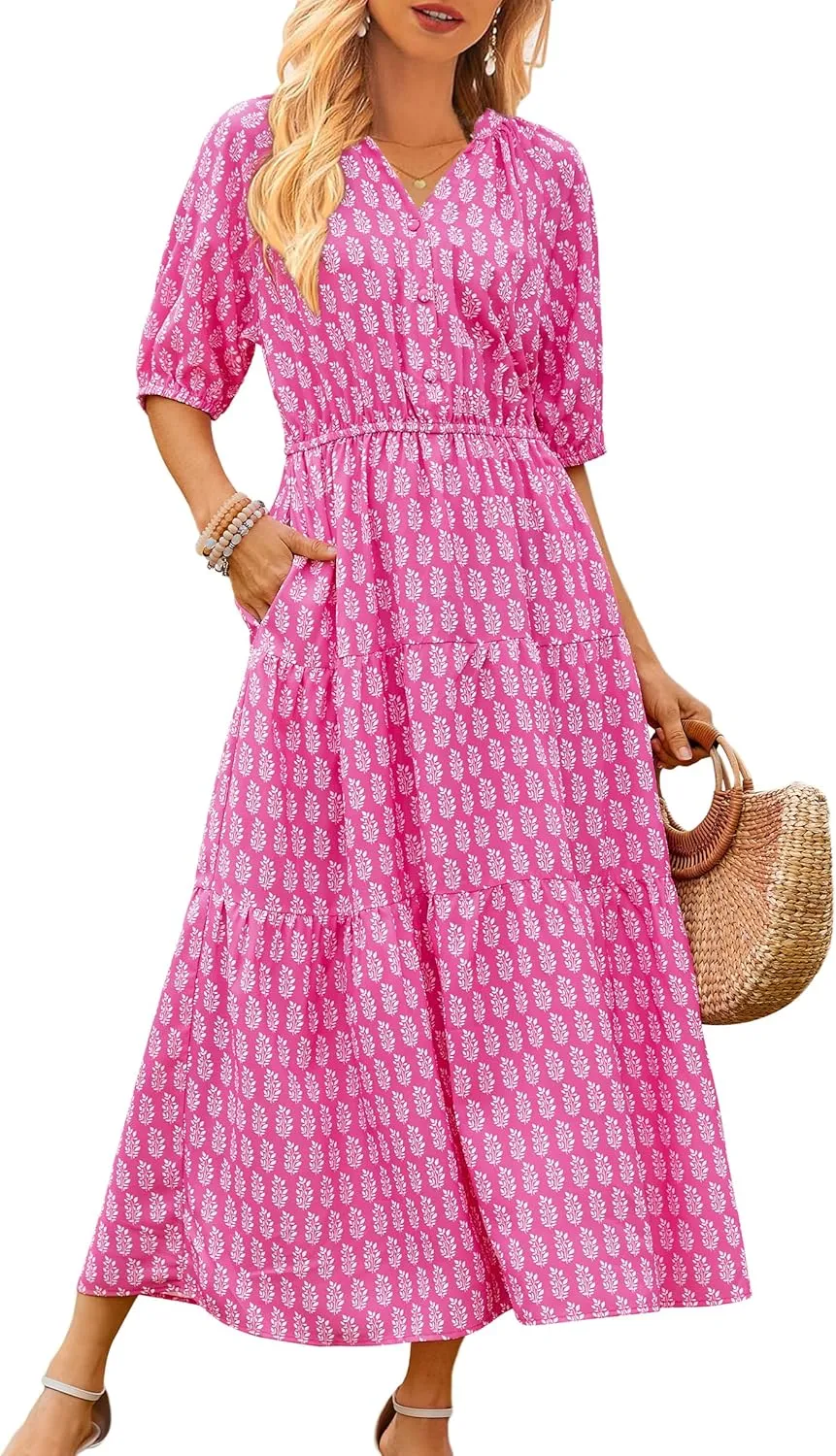 CCTOO Womens Floral Maxi Dress: Casual Short Sleeve V Neck Button Elastic Waist Slit A Line Tiered Dresses with Pockets