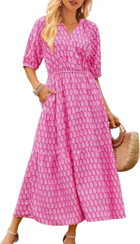 CCTOO Womens Floral Maxi Dress: Casual Short Sleeve V Neck Button Elastic Waist Slit A Line Tiered Dresses with Pockets