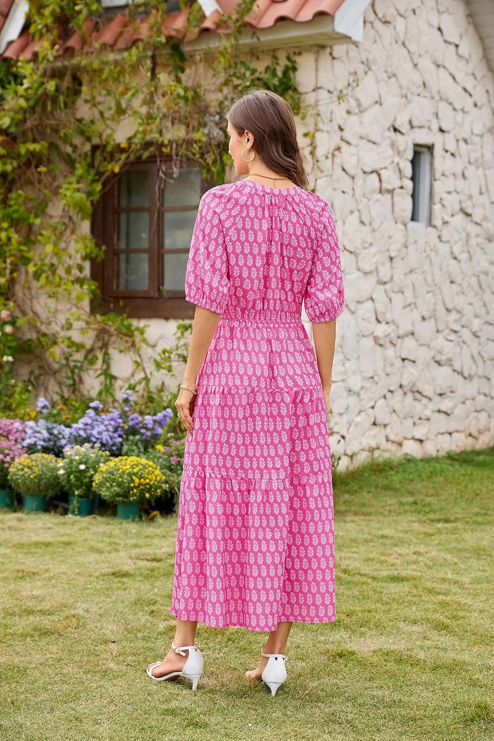 CCTOO Womens Floral Maxi Dress: Casual Short Sleeve V Neck Button Elastic Waist Slit A Line Tiered Dresses with Pockets