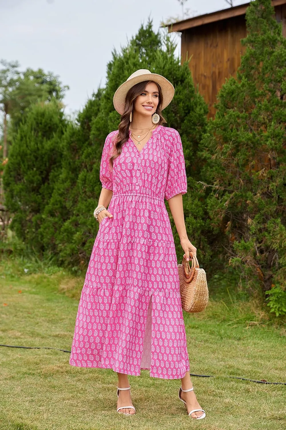 CCTOO Womens Floral Maxi Dress: Casual Short Sleeve V Neck Button Elastic Waist Slit A Line Tiered Dresses with Pockets