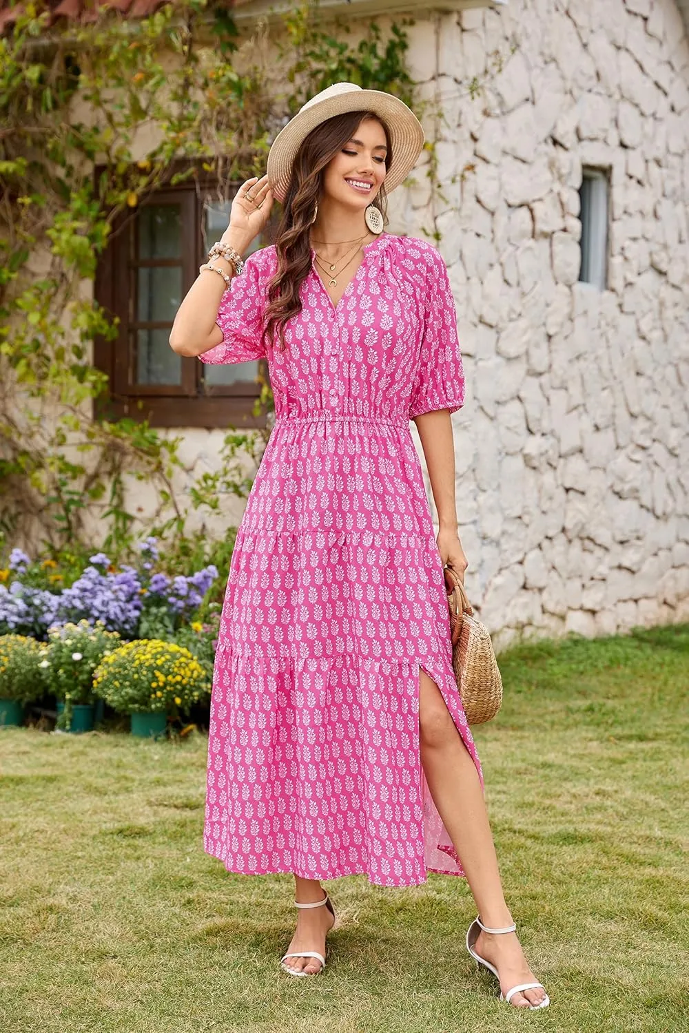 CCTOO Womens Floral Maxi Dress: Casual Short Sleeve V Neck Button Elastic Waist Slit A Line Tiered Dresses with Pockets
