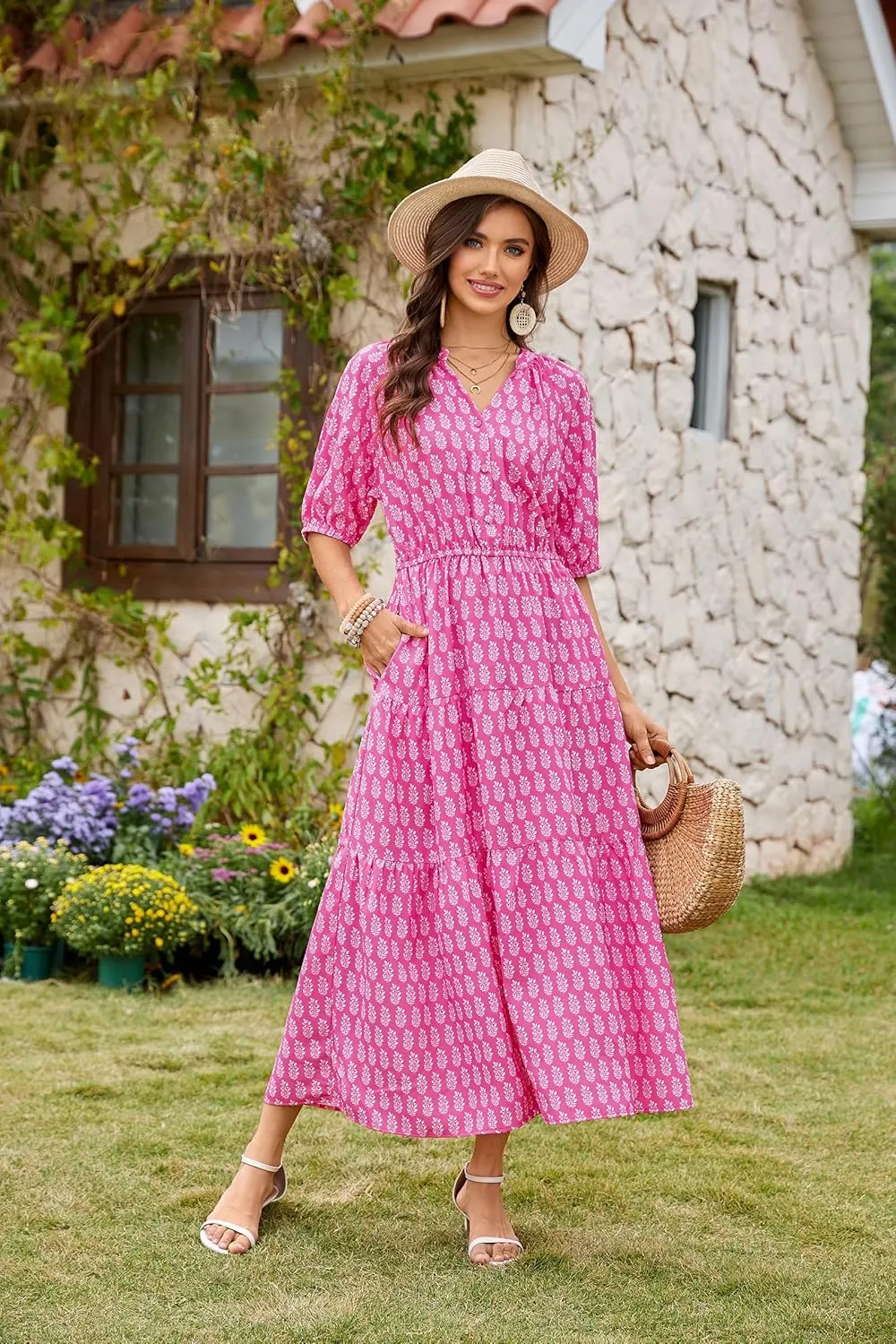 CCTOO Womens Floral Maxi Dress: Casual Short Sleeve V Neck Button Elastic Waist Slit A Line Tiered Dresses with Pockets