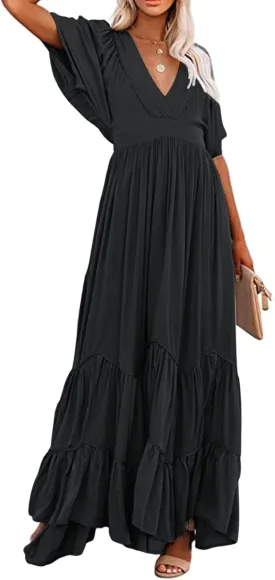 CHARTOU Women's Boho Ruffle Sleeve Flowy Maxi Dress Lace Up Back Tiered Party A Line Dress