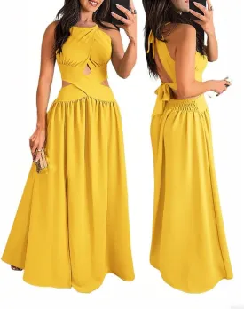 CHICME Women's Sleeveless Halter Neck Dress Criss Cross Tie Back Split High Maxi Dress