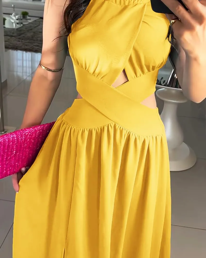 CHICME Women's Sleeveless Halter Neck Dress Criss Cross Tie Back Split High Maxi Dress