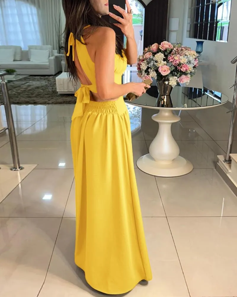 CHICME Women's Sleeveless Halter Neck Dress Criss Cross Tie Back Split High Maxi Dress