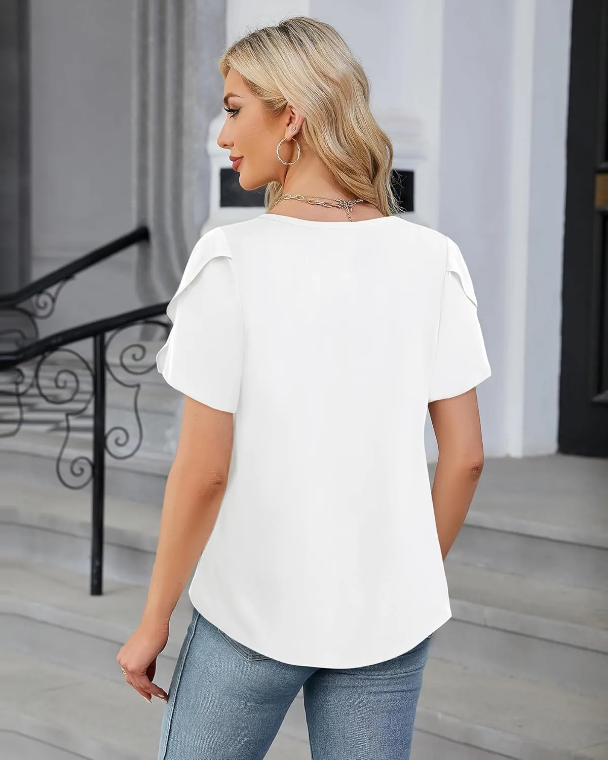 Chiffon Blouses for Women Business Casual Petal Short Sleeve Office Work Tops Dress Tunic Shirts