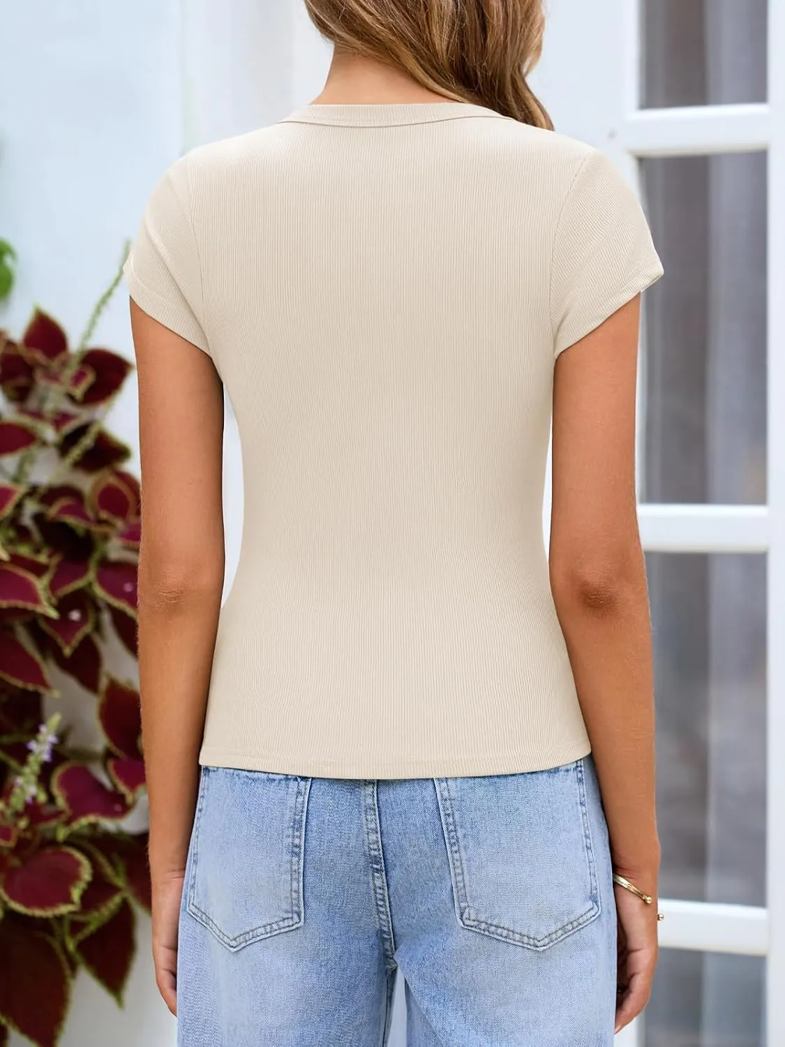Cicy Bell Womens Summer Scoop Neck T Shirts Cap Sleeve Ribbed Casual Tees Slim Fit Basic Tops