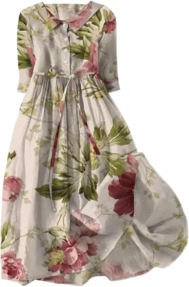 Cotton Linen Dresses for Women 2024 Maxi Button Down Plus Size A Line Dress Trendy 3/4 Sleeve Floral Dress Summer Dresses