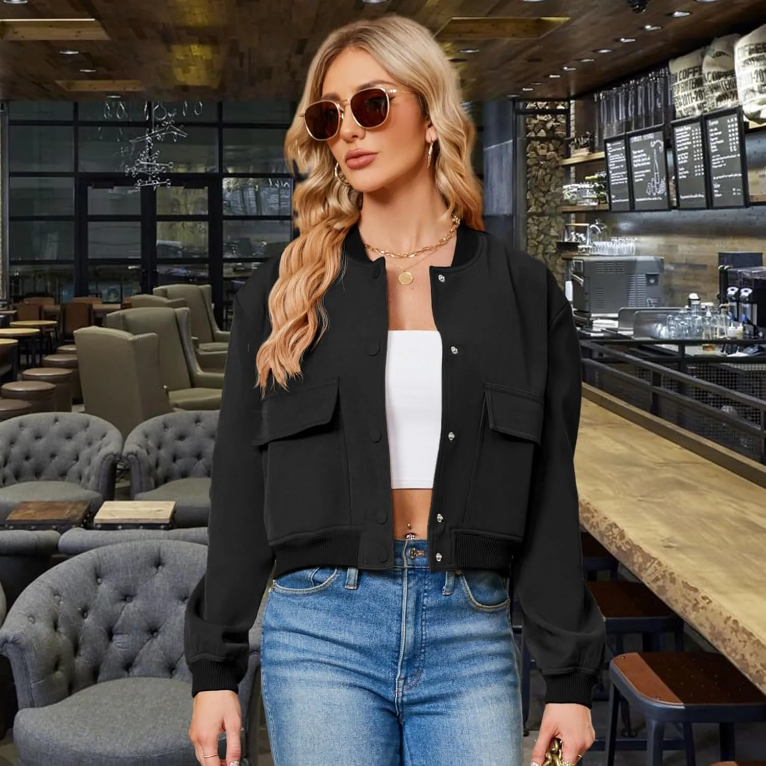 Durio Womens Bomber Jacket Fashion Short Cropped Jacket Casual Jackets for Women Varsity Jacket with Pockets Spring Fall