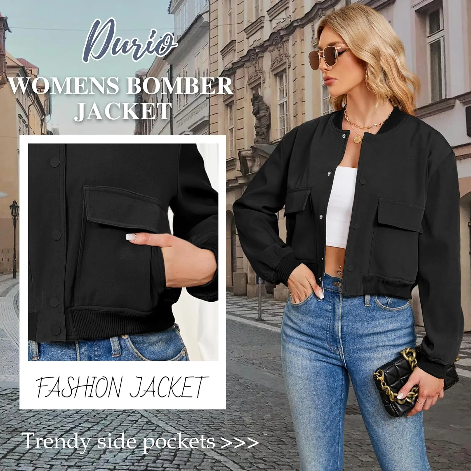 Durio Womens Bomber Jacket Fashion Short Cropped Jacket Casual Jackets for Women Varsity Jacket with Pockets Spring Fall