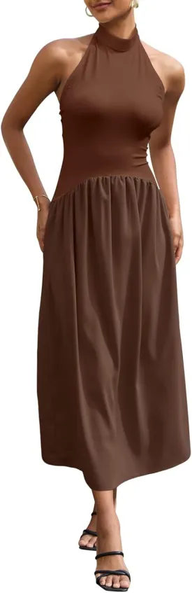 Ekaliy Women Halter Neck Maxi Dresses Casual Sleeveless Patchwork Flowy Maxi Dress