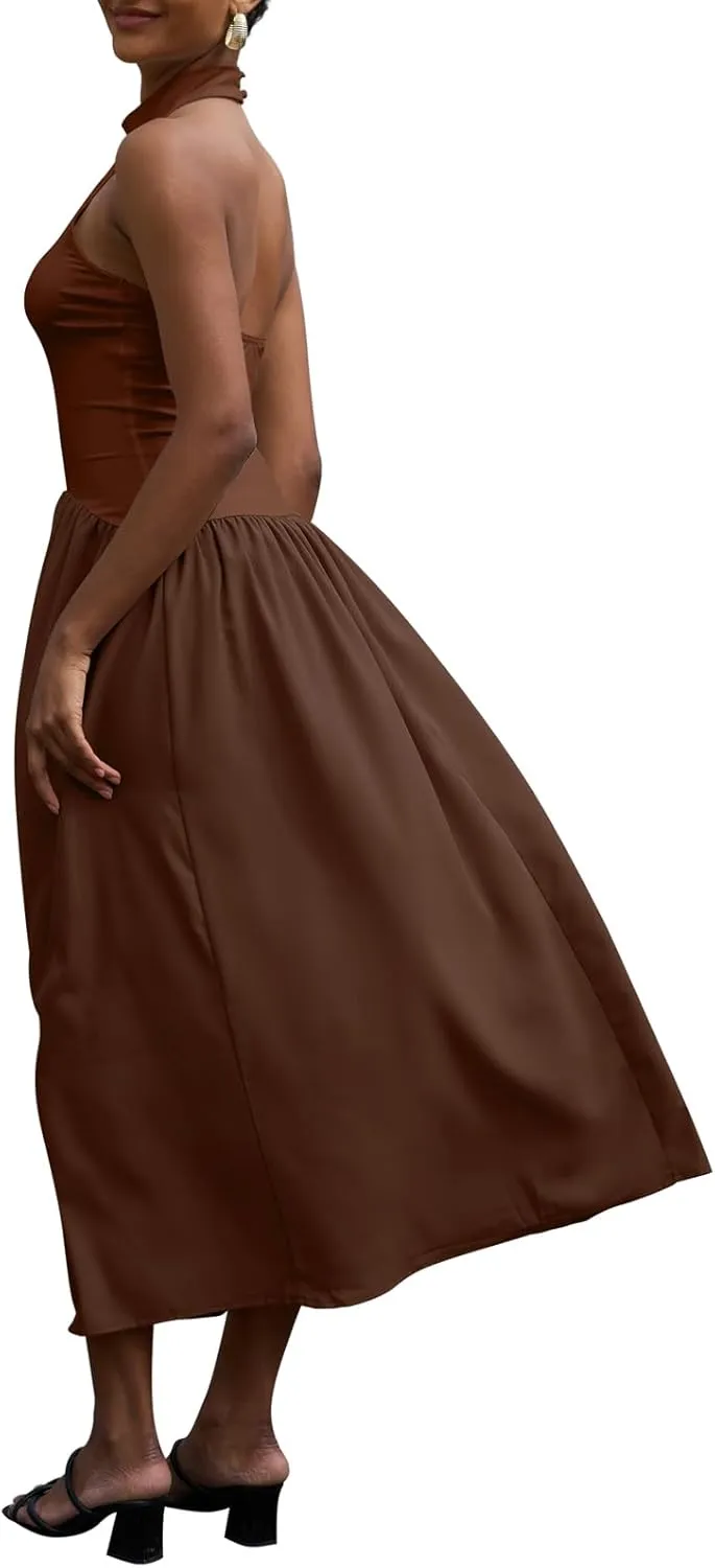 Ekaliy Women Halter Neck Maxi Dresses Casual Sleeveless Patchwork Flowy Maxi Dress