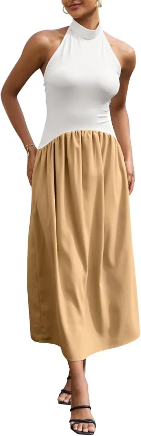Ekaliy Women Halter Neck Maxi Dresses Casual Sleeveless Patchwork Flowy Maxi Dress