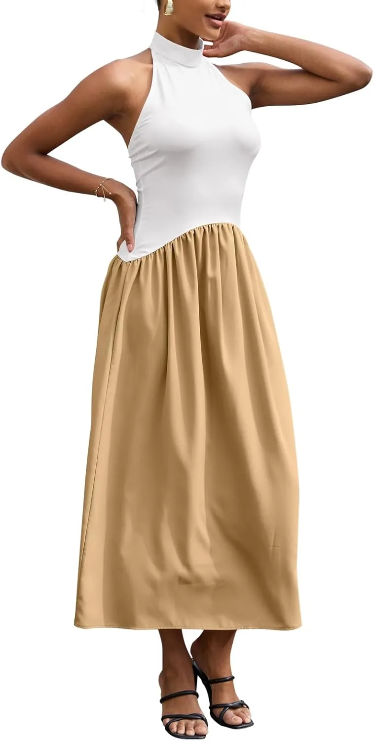 Ekaliy Women Halter Neck Maxi Dresses Casual Sleeveless Patchwork Flowy Maxi Dress