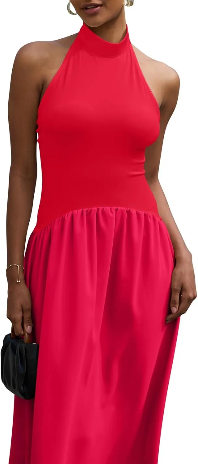 Ekaliy Women Halter Neck Maxi Dresses Casual Sleeveless Patchwork Flowy Maxi Dress