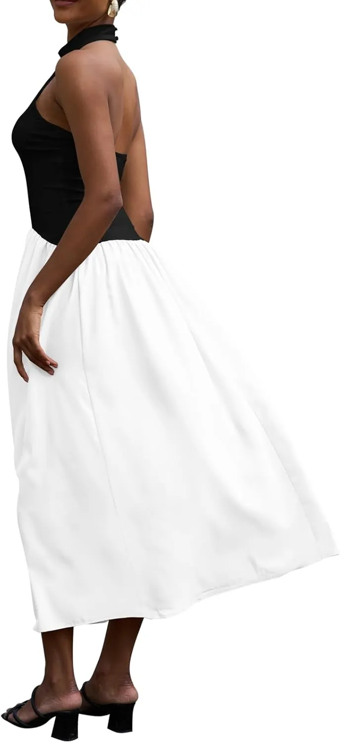 Ekaliy Women Halter Neck Maxi Dresses Casual Sleeveless Patchwork Flowy Maxi Dress