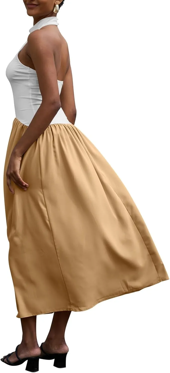 Ekaliy Women Halter Neck Maxi Dresses Casual Sleeveless Patchwork Flowy Maxi Dress