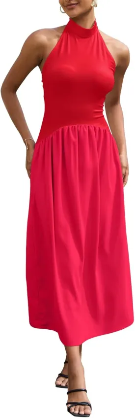 Ekaliy Women Halter Neck Maxi Dresses Casual Sleeveless Patchwork Flowy Maxi Dress